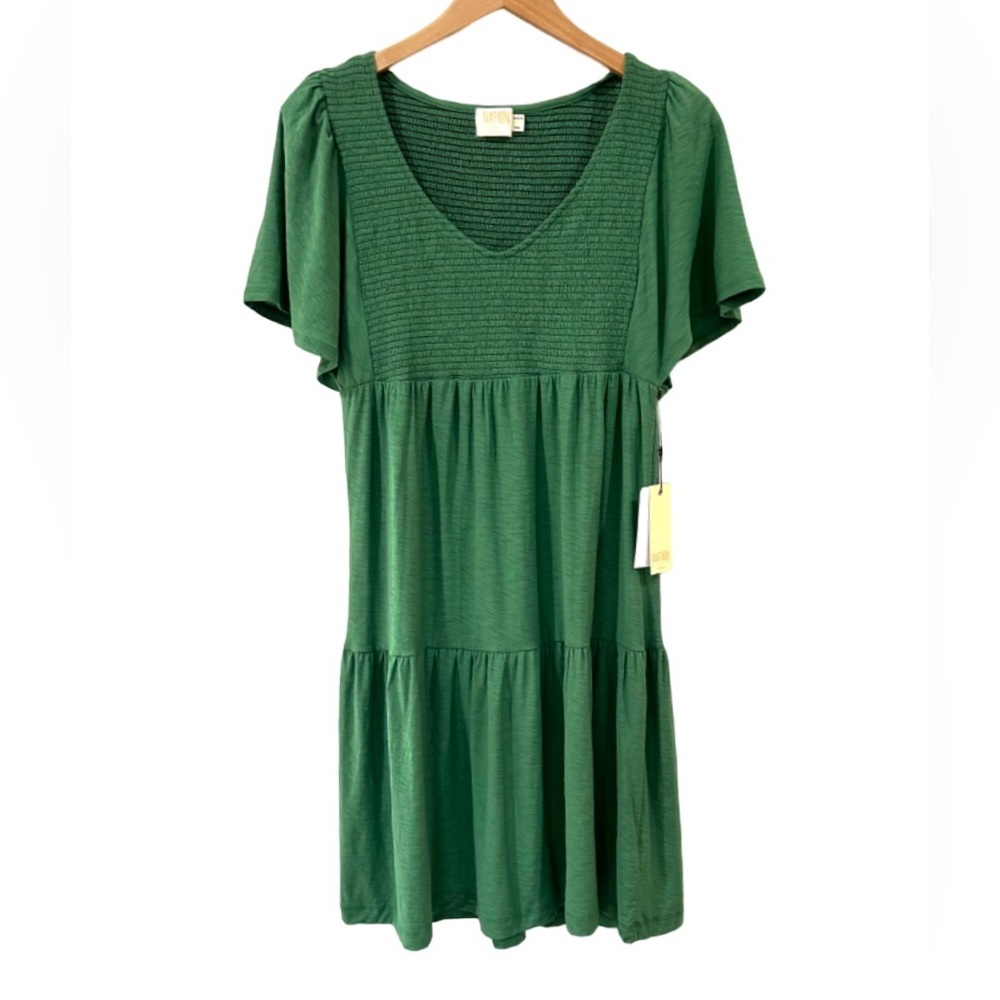 Nation LTD Jacie midi dress S green tiered smocked nap flutter Pima cotton NWT